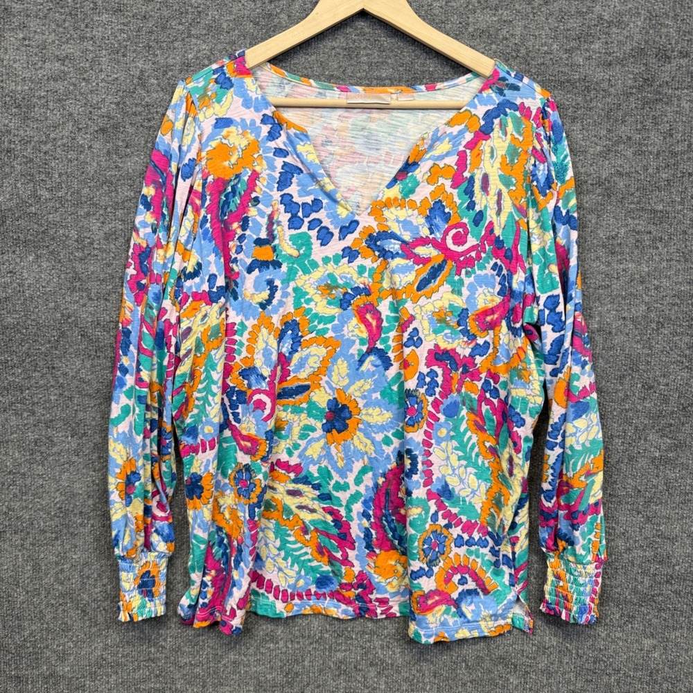 Bell by Kim Gravel Plus Size 1X Tunic Top Blue Cotton Slub Knit Smocked Sleeves
